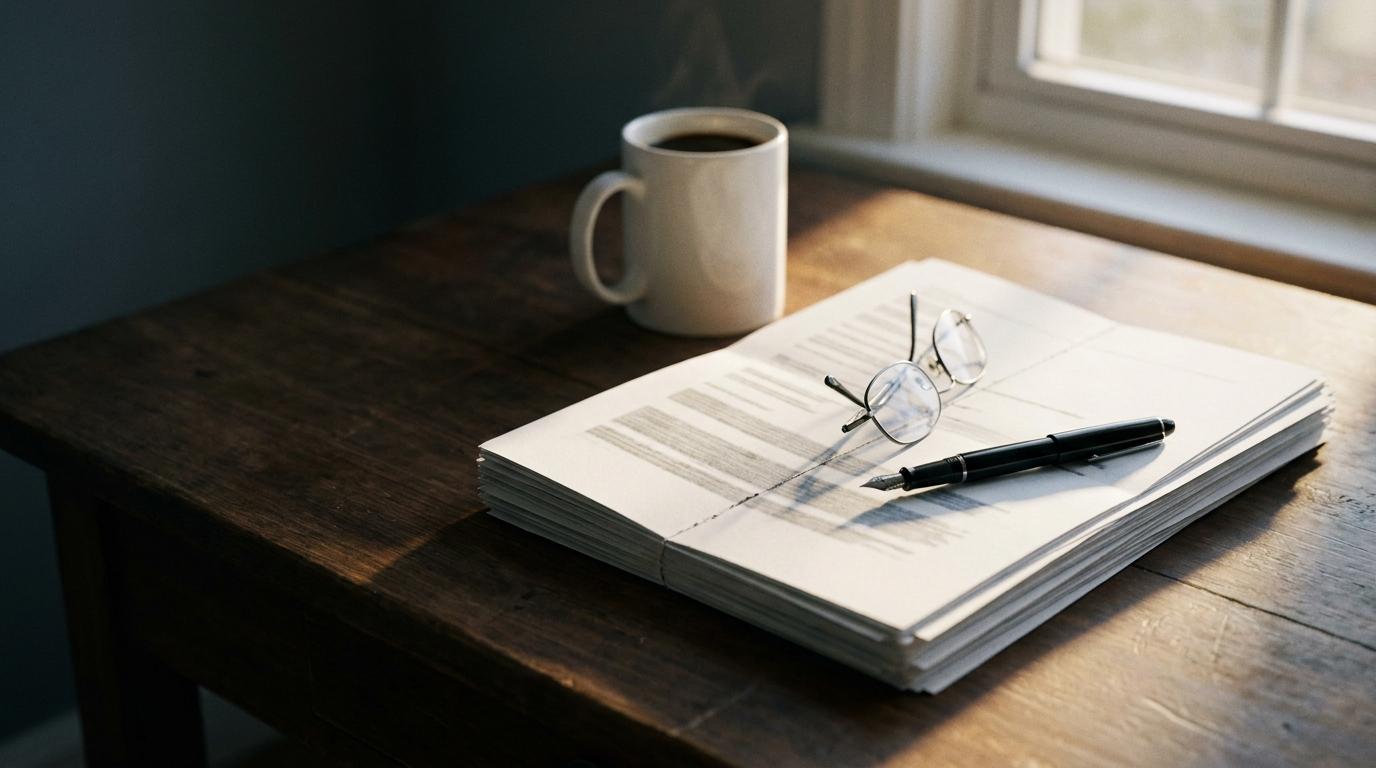 A stack of official printed paperwork with folded reading glasses and an uncapped fountain pen in low afternoon light