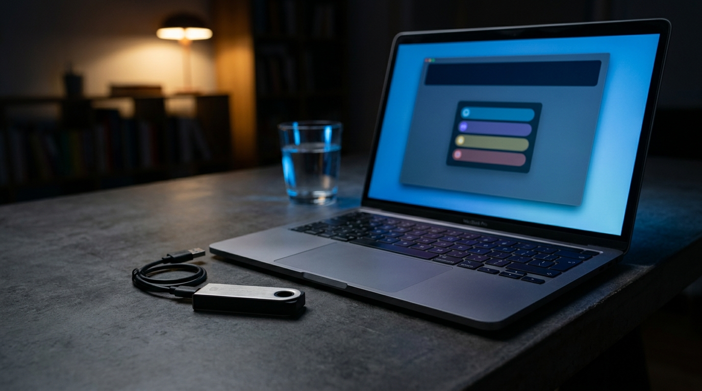 A laptop on a dark desk at night showing a dark web interface with a wallet connection modal, a hardware wallet lying beside the trackpad