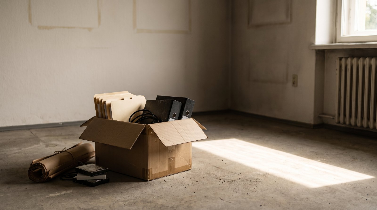 An open archive box of files, binders and unplugged drives on the floor of an empty office