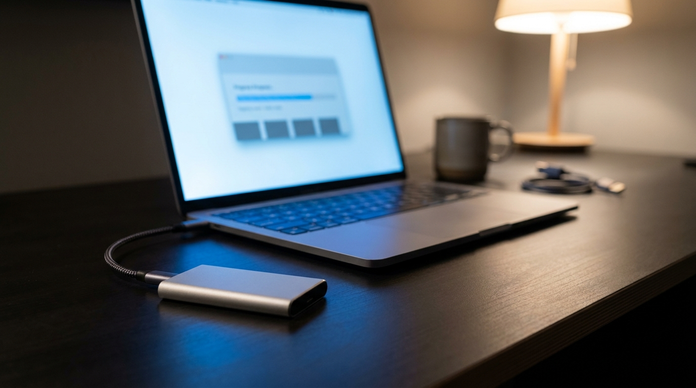 An external drive connected to a laptop running a website backup at night