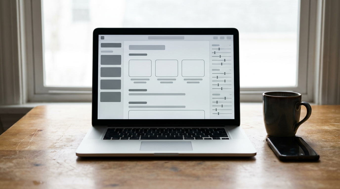 A laptop showing an abstract website builder layout canvas