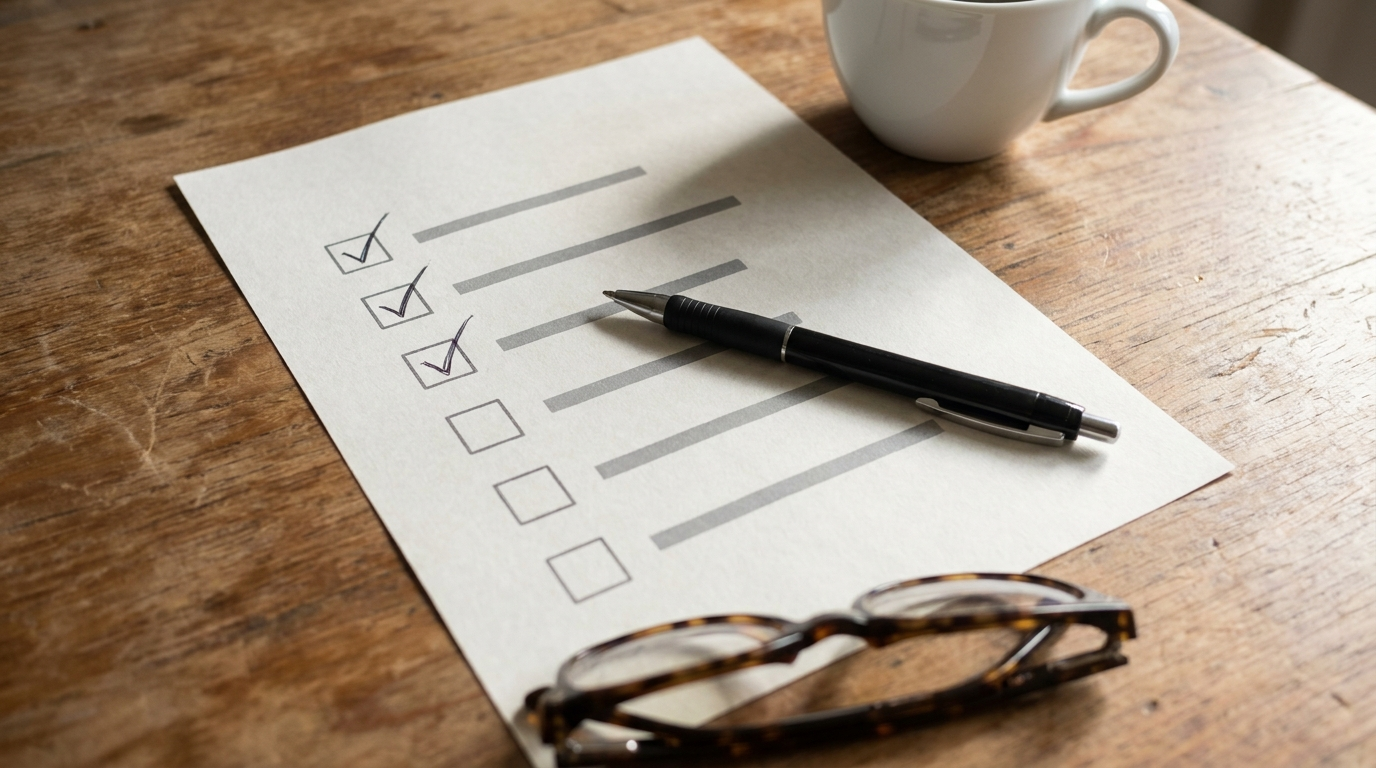 A printed website compliance checklist being worked through by hand.