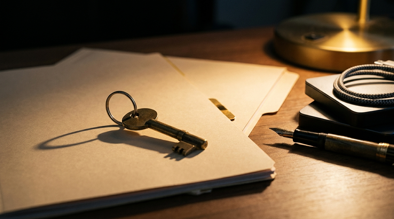 A brass key on a manila folder beside external hard drives at dusk