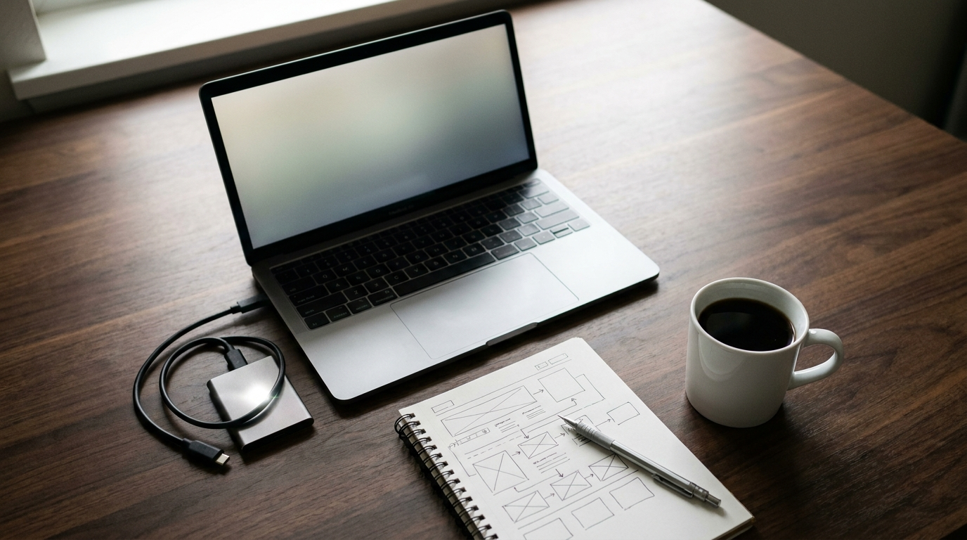 Laptop, portable backup drive and a hand drawn site map on a desk at the start of a website migration