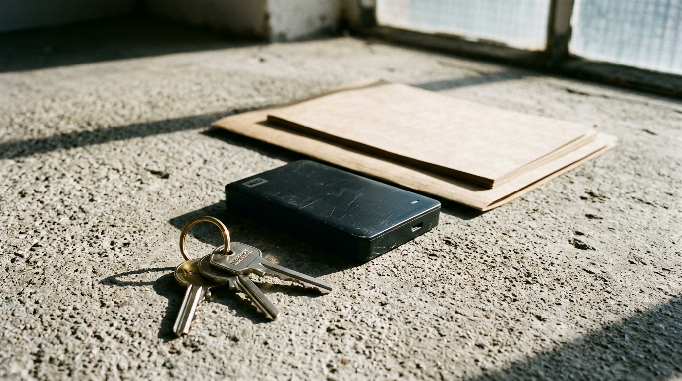 Keys, an external drive and a document folder representing full ownership of a website after migration