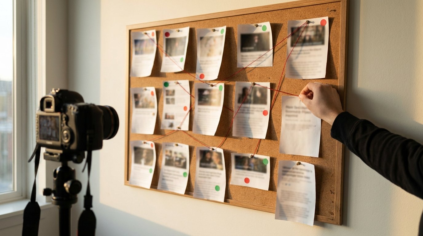 Printed page inventory pinned to a corkboard during a pre migration website audit
