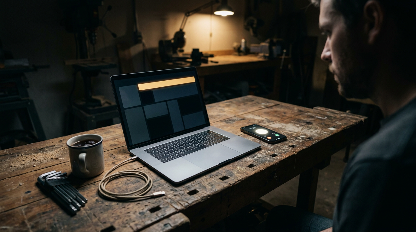 Laptop showing an administrator warning panel beside a lit phone late at night in a workshop
