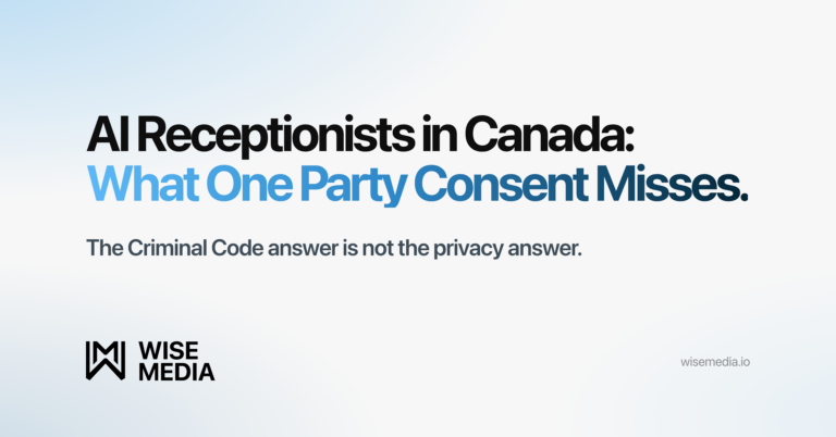 Wise Media article card reading AI Receptionists in Canada, What One Party Consent Misses, with the line the Criminal Code answer is not the privacy answer