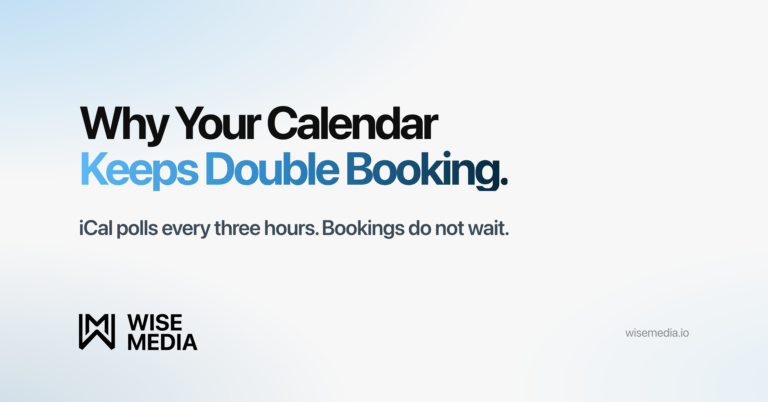 Wise Media article card reading Why Your Calendar Keeps Double Booking, with the summary iCal polls every three hours and bookings do not wait