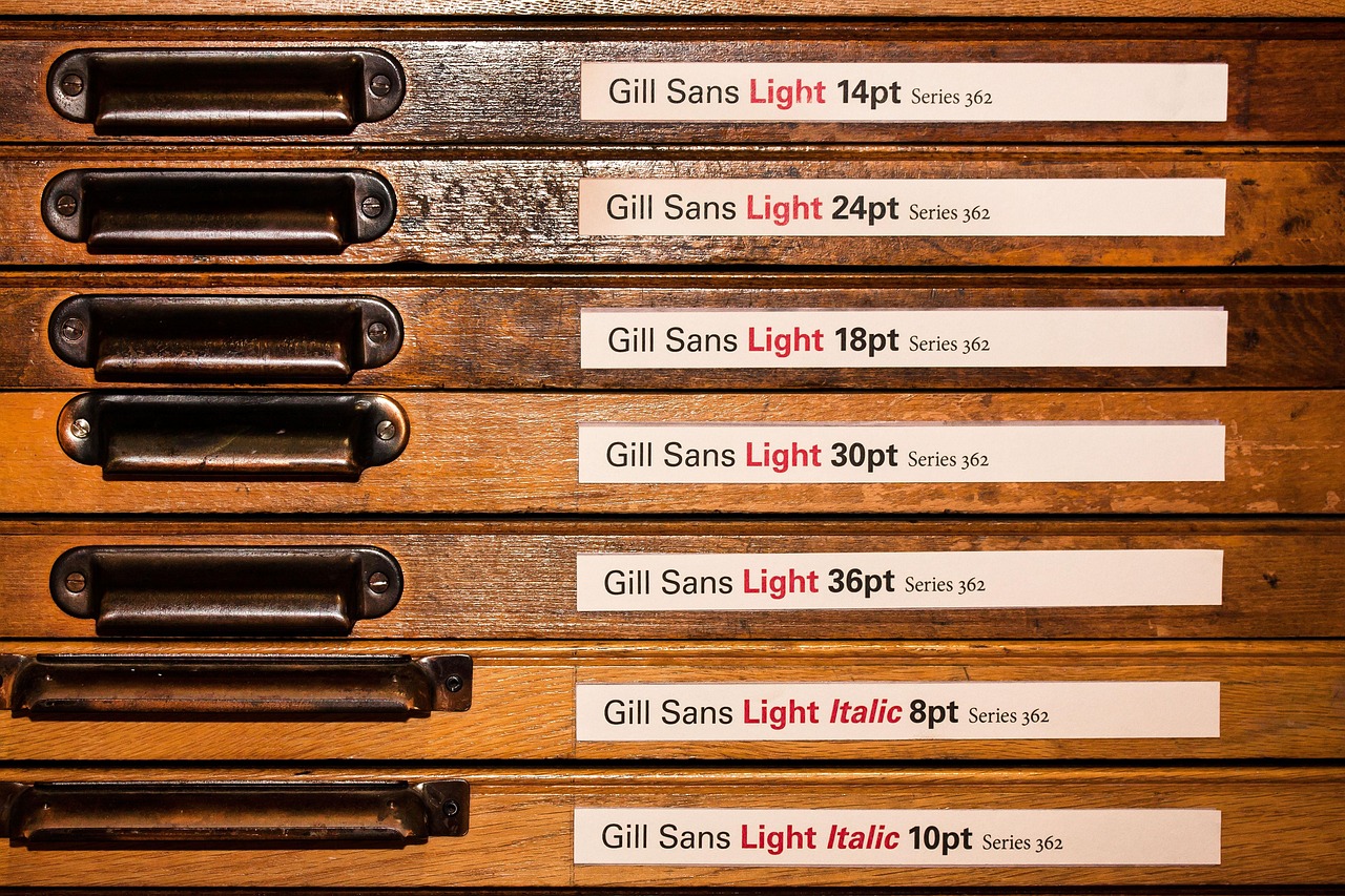 Letterpress type cases holding metal typeface sorts, a reminder that typefaces are designed assets that are licensed rather than owned