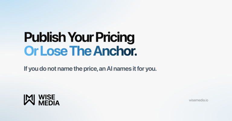 Wise Media article card reading Publish Your Pricing Or Lose The Anchor, with the line If you do not name the price, an AI names it for you