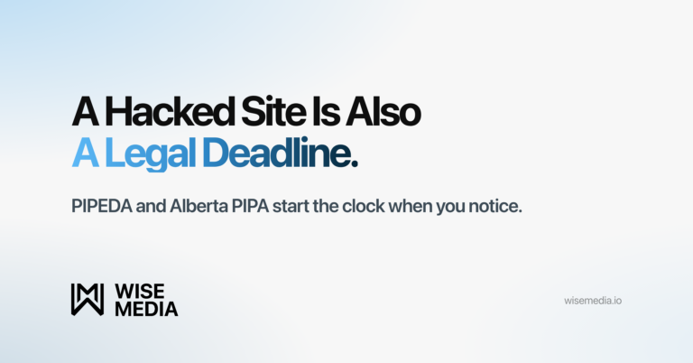 Wise Media featured card reading A Hacked Site Is Also A Legal Deadline, noting PIPEDA and Alberta PIPA start the clock when you notice
